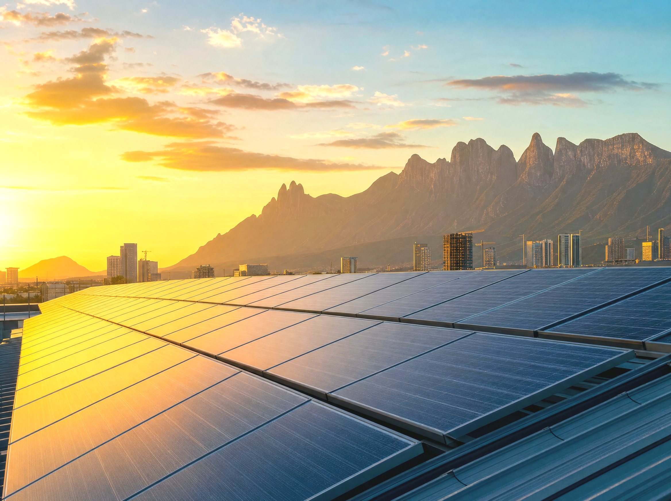 Paneles solares en azotea al atardecer